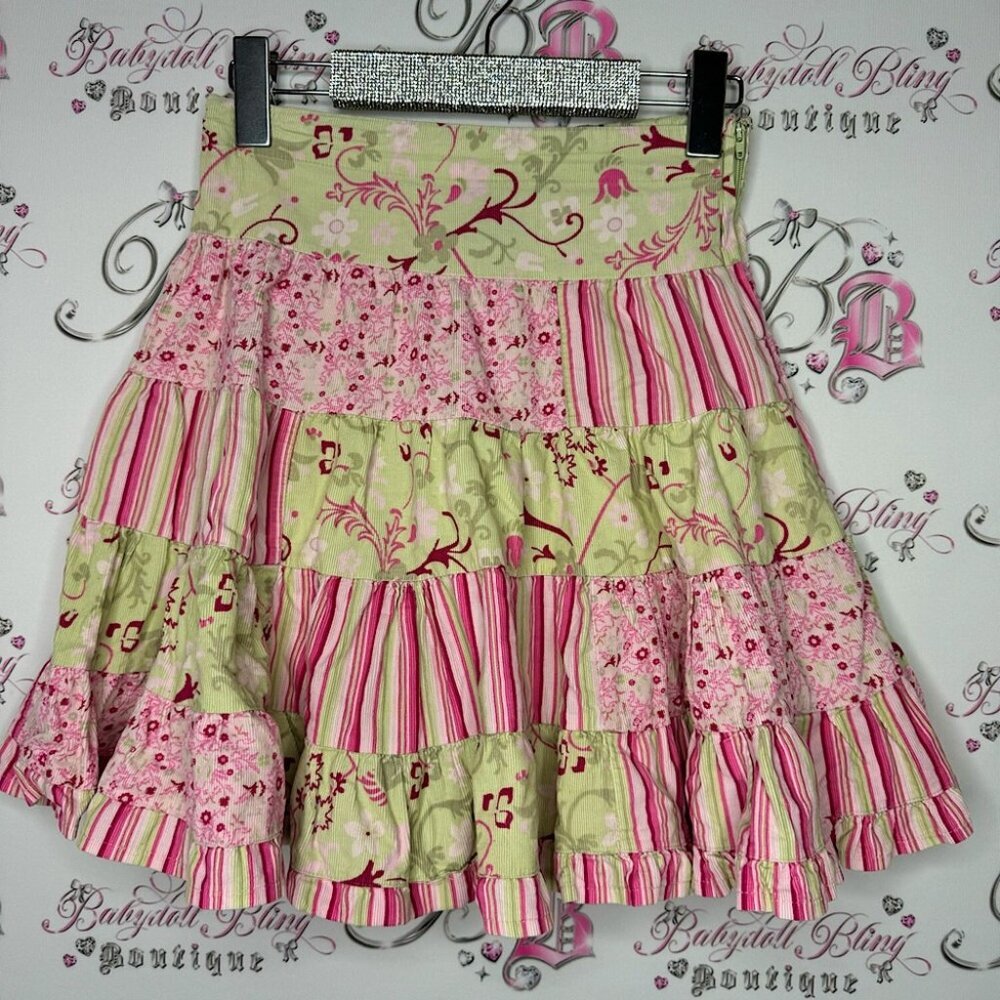 Pumpkin patch skirt tiered ruffle, frills, lime, green, pink, cute floral Y2K